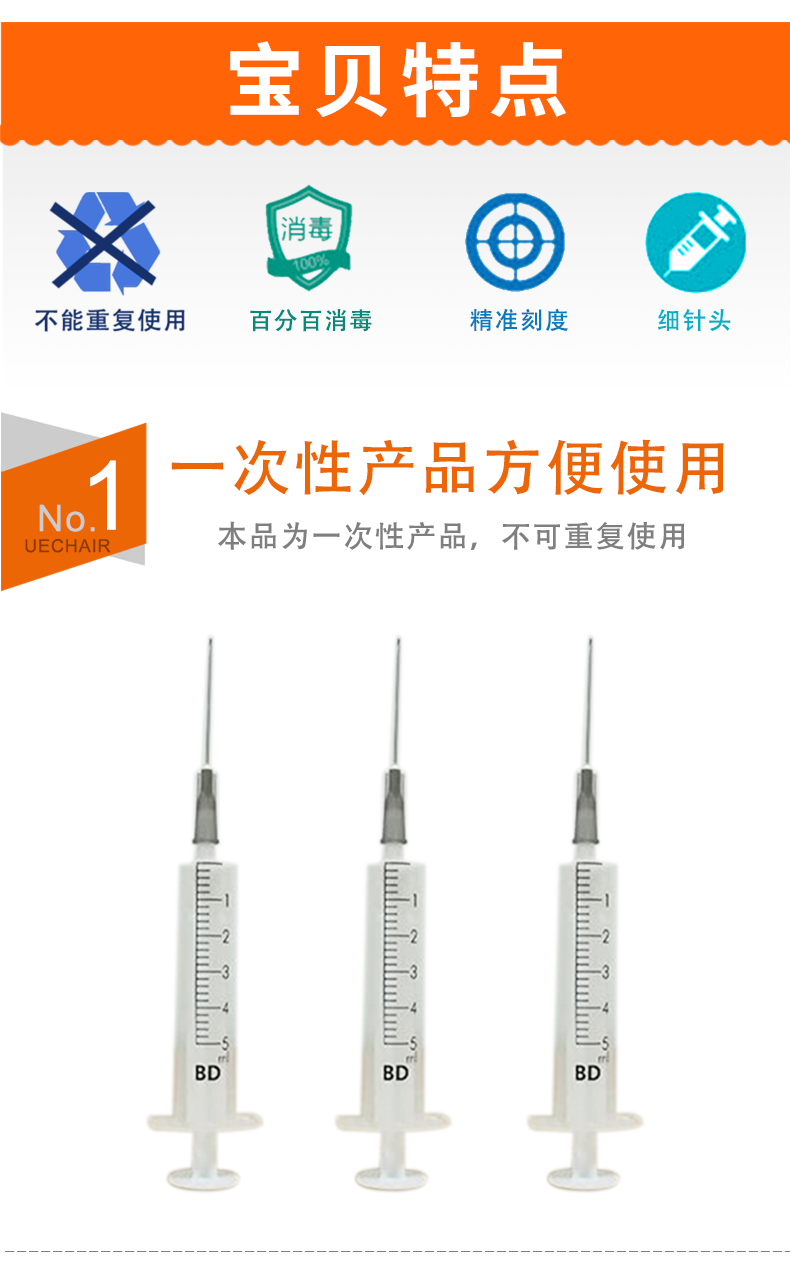 碧迪（BD）一次性使用無(wú)菌注射器 5ml（帶針）